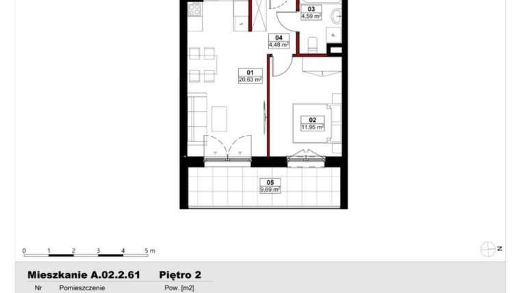 Rzut - Mieszkanie na sprzedaż 2 pokoje o powierzchni 41,65 m² - numer A02.2.61 w Skwer Witosa