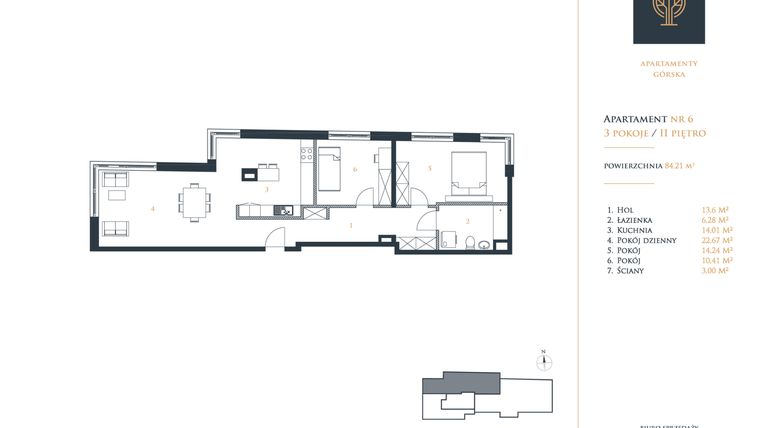 Rzut - Mieszkanie na sprzedaż 3 pokoje o powierzchni 84,21 m² - numer 6 w Apartamenty Górska