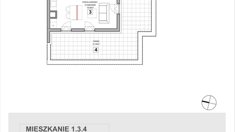 Rzut - Mieszkanie na sprzedaż 1 pokój o powierzchni 25,03 m² - numer 1.3.4 w Zakątek Harmonia III