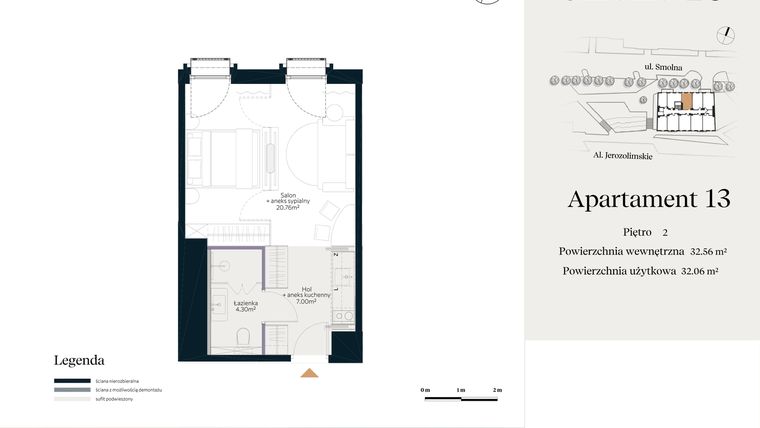 Rzut - Mieszkanie na sprzedaż 1 pokój o powierzchni 32,56 m² - numer U.3.13 w Smolna 23