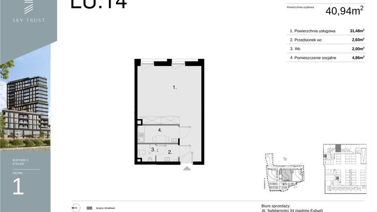 Rzut - Lokal użytkowy na sprzedaż 1 pokój o powierzchni 40,94 m² - numer LU14 w Sky Trust etap II