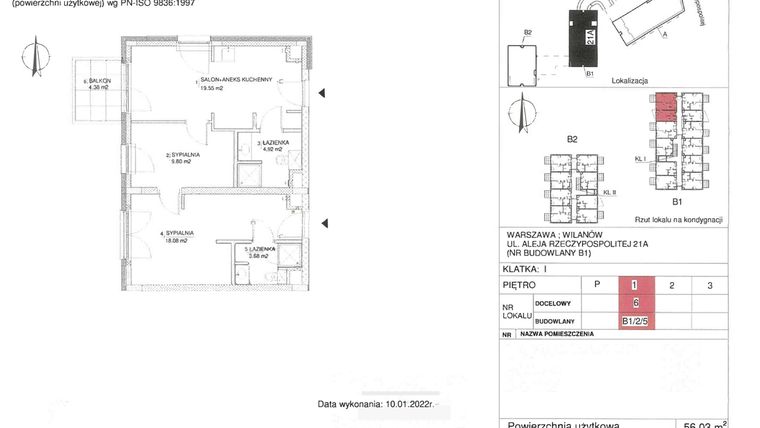 Rzut - Mieszkanie na sprzedaż 3 pokoje o powierzchni 56,03 m² - numer 6 w RZ21