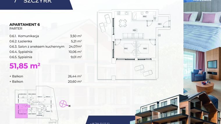 Rzut - Mieszkanie na sprzedaż 3 pokoje o powierzchni 51,85 m² - numer 6 w Novy Szczyrk