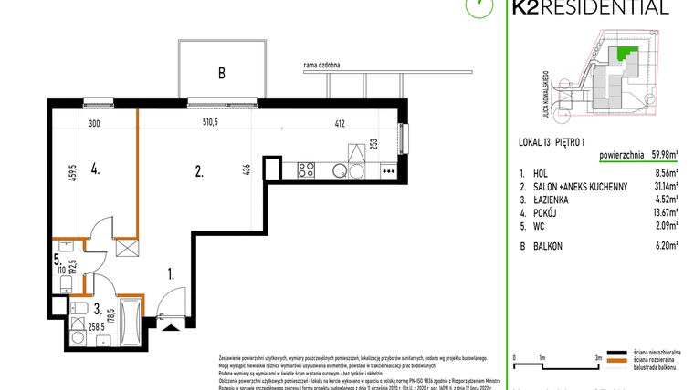 Rzut - Mieszkanie na sprzedaż 2 pokoje o powierzchni 59,98 m² - numer 13 w Kowalskiego 37