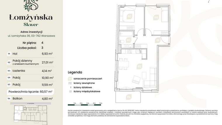 Rzut - Mieszkanie na sprzedaż 3 pokoje o powierzchni 60,57 m² - numer 13 w Łomżyńska Skwer