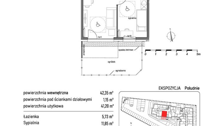 Rzut - Mieszkanie na sprzedaż 2 pokoje o powierzchni 42,35 m² - numer 1.1.1. w Dywizjonu 303