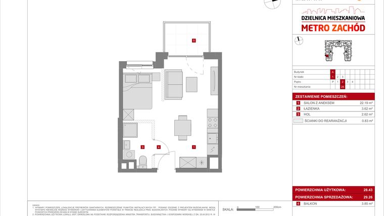 Rzut - Mieszkanie na sprzedaż 1 pokój o powierzchni 29,26 m² - numer A.25 w Dzielnica Mieszkaniowa Metro Zachód - etap 8.1