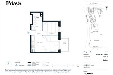 Rzut - Mieszkanie na sprzedaż 2 pokoje o powierzchni 33,1 m² - numer B3.2.M14 w EMaya