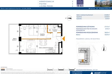 Rzut - Mieszkanie na sprzedaż 2 pokoje o powierzchni 38,85 m² - numer 1.07 w The Blue