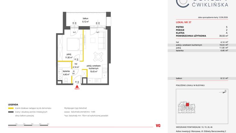 Rzut - Mieszkanie na sprzedaż 2 pokoje o powierzchni 39,93 m² - numer 37 w Concept Ćwiklińska