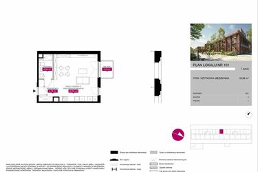 Rzut - Mieszkanie na sprzedaż 1 pokój o powierzchni 39,99 m² - numer G1.101 w Fuzja Mieszkania Loftowe