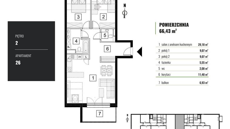 Rzut - Mieszkanie na sprzedaż 3 pokoje o powierzchni 66,43 m² - numer M.26 w Zielony Horyzont II