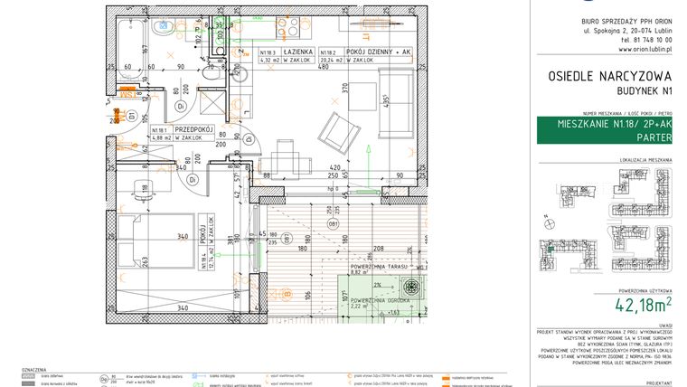 Rzut - Mieszkanie na sprzedaż 2 pokoje o powierzchni 42,18 m² - numer N1.18 w Osiedle Narcyzowe etap 2