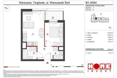 Rzut - Mieszkanie na sprzedaż 2 pokoje o powierzchni 38,03 m² - numer B1-A054 w Warszawski Świt etap VIII