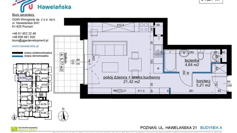 Rzut - Mieszkanie na sprzedaż 1 pokój o powierzchni 31,27 m² - numer A/7/65 w Osiedle Hawelańska etap III - bud. A