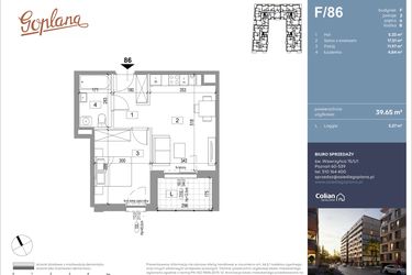 Rzut - Mieszkanie na sprzedaż 2 pokoje o powierzchni 39,83 m² - numer F86 w Goplana budynek F