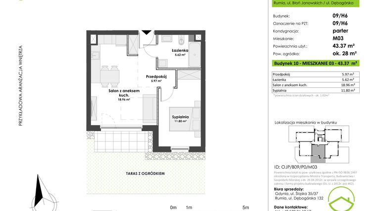 Rzut - Mieszkanie na sprzedaż 2 pokoje o powierzchni 43,37 m² - numer OJP/B09/P0/M03 w Osiedle Janowo Park