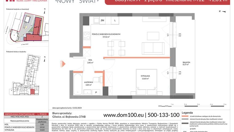Rzut - Mieszkanie na sprzedaż 2 pokoje o powierzchni 41,31 m² - numer M12 w Apartamenty Nowy Świat
