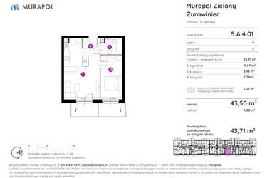 Rzut - Mieszkanie na sprzedaż 2 pokoje o powierzchni 43,71 m² - numer 5.A.4.01 w Murapol Zielony Żurawiniec