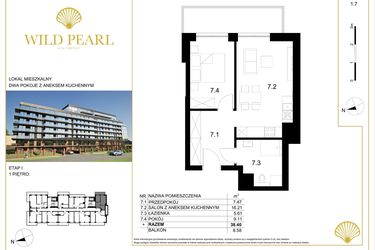 Rzut - Mieszkanie na sprzedaż 2 pokoje o powierzchni 38,4 m² - numer 1.7 w Wild Pearl