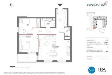 Rzut - Mieszkanie na sprzedaż 3 pokoje o powierzchni 77,8 m² - numer D.3.2 w Łopuszańska 47 - etap 2