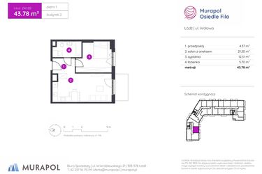 Rzut - Mieszkanie na sprzedaż 2 pokoje o powierzchni 43,78 m² - numer 2.A.1.02 w Murapol Osiedle Filo etap II