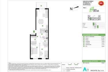 Rzut - Mieszkanie na sprzedaż 3 pokoje o powierzchni 65,61 m² - numer A.22 w Osiedle Zielna IV