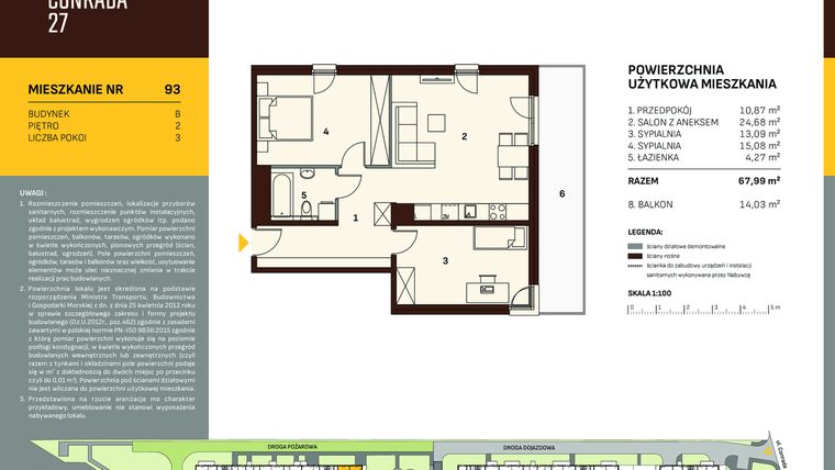 Rzut - Mieszkanie na sprzedaż 3 pokoje o powierzchni 67,99 m² - numer B.93 w Conrada 27