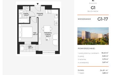 Rzut - Mieszkanie na sprzedaż 2 pokoje o powierzchni 34,81 m² - numer G1-17 w Piasta Park VI