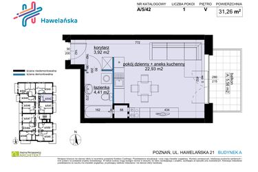 Rzut - Mieszkanie na sprzedaż 1 pokój o powierzchni 31,26 m² - numer A/5/42 w Osiedle Hawelańska etap III - bud. A