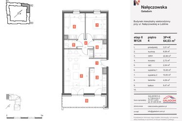 Rzut - Mieszkanie na sprzedaż 3 pokoje o powierzchni 64,03 m² - numer M-124 w Nałęczowska etap II