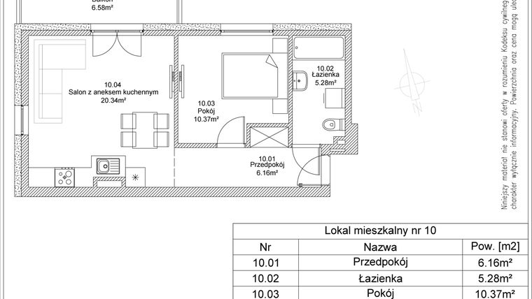 Rzut - Mieszkanie na sprzedaż 2 pokoje o powierzchni 42,15 m² - numer 10 w Apartamenty Jasińskiego