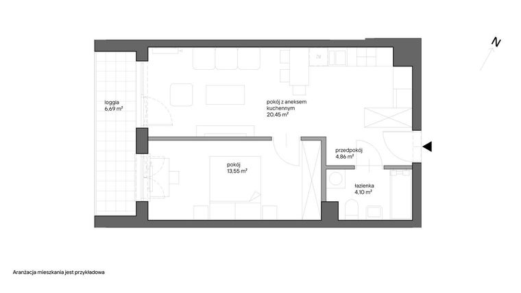 Rzut - Mieszkanie na sprzedaż 2 pokoje o powierzchni 42,96 m² - numer B.042 w Słoneczne Miasteczko - etap XV