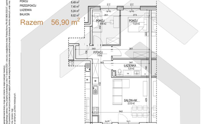 Rzut - Mieszkanie na sprzedaż 3 pokoje o powierzchni 56,9 m² - numer S.01.27 w Sobieskiego 29
