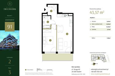 Rzut - Mieszkanie na sprzedaż 2 pokoje o powierzchni 43,57 m² - numer 91 w Rezydencja Świerkowa