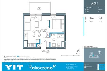 Rzut - Mieszkanie na sprzedaż 1 pokój o powierzchni 33,64 m² - numer A.5.1 w Rakoczego 17