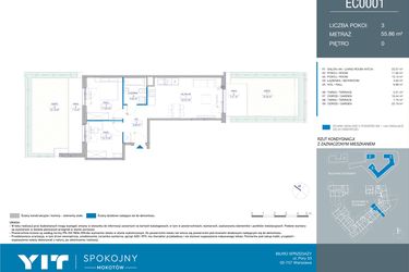 Rzut - Mieszkanie na sprzedaż 3 pokoje o powierzchni 55,88 m² - numer EC0001 w Spokojny Mokotów