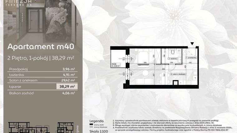 Rzut - Mieszkanie na sprzedaż 1 pokój o powierzchni 38,29 m² - numer M40 w Finezja Targowa 49