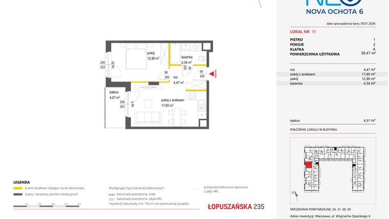 Rzut - Mieszkanie na sprzedaż 2 pokoje o powierzchni 39,47 m² - numer 15 w Neo Nova Ochota 6