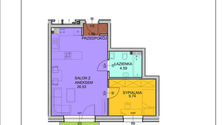 Rzut - Mieszkanie na sprzedaż 2 pokoje o powierzchni 42,51 m² - numer D16 w Osiedle Zuchów