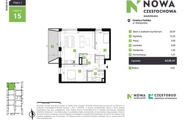 Rzut - Mieszkanie na sprzedaż 3 pokoje o powierzchni 62,06 m² - numer B15 w Nowa Częstochowa Małopolska