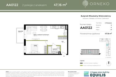 Rzut - Mieszkanie na sprzedaż 2 pokoje o powierzchni 47,16 m² - numer AA0122 w Orneko