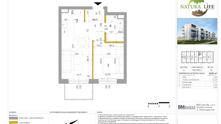Rzut - Mieszkanie na sprzedaż 2 pokoje o powierzchni 36,57 m² - numer K30 w Osiedle Natura Life budynki JK