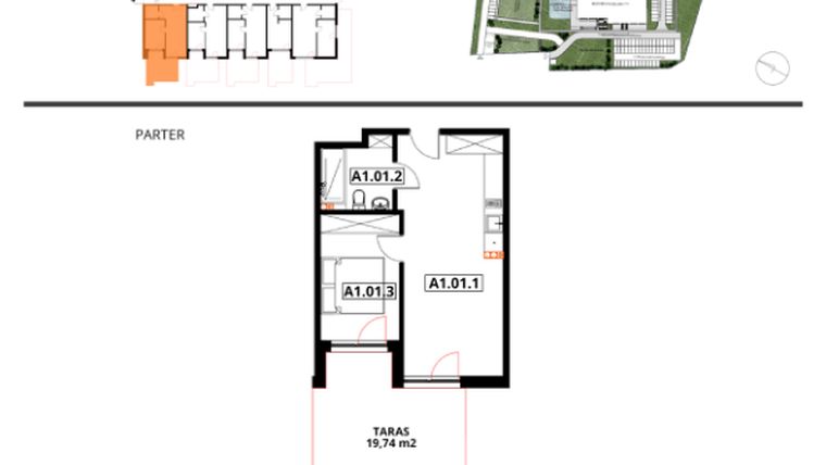 Rzut - Mieszkanie na sprzedaż 2 pokoje o powierzchni 43,11 m² - numer A1.01 w Apartamenty Dźwirzyno