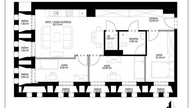 Rzut - Mieszkanie na sprzedaż 4 pokoje o powierzchni 75,53 m² - numer A 13 w Kopernika 15