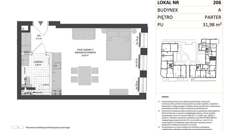 Rzut - Mieszkanie na sprzedaż 1 pokój o powierzchni 31,98 m² - numer A.206 w Esencja - Apartamenty inwestycyjne