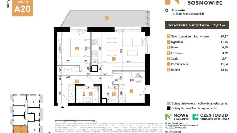 Rzut - Mieszkanie na sprzedaż 3 pokoje o powierzchni 59,84 m² - numer 20 w Nowy Sosnowiec