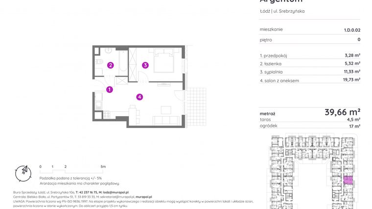 Rzut - Mieszkanie na sprzedaż 2 pokoje o powierzchni 39,77 m² - numer 1.D.0.02 w Murapol Argentum