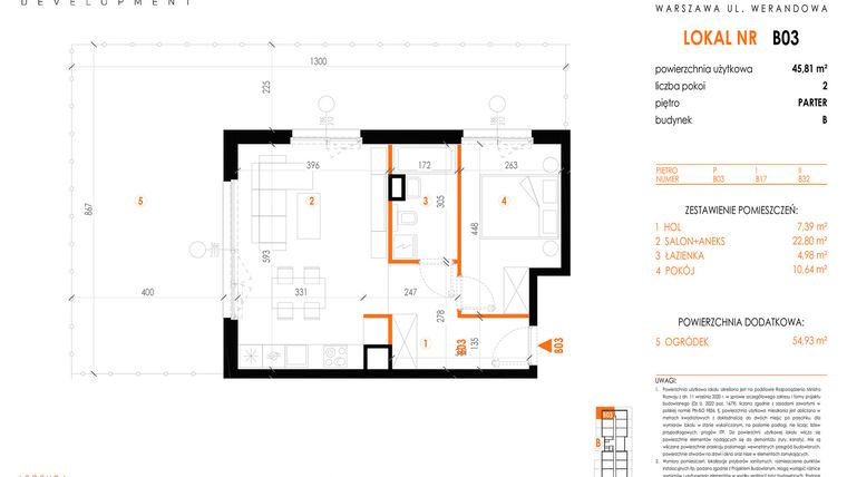 Rzut - Mieszkanie na sprzedaż 2 pokoje o powierzchni 45,81 m² - numer B03 w Werandowa