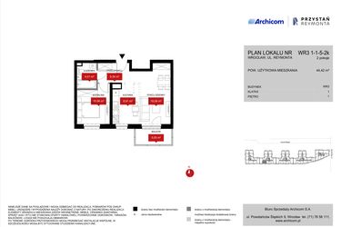 Rzut - Mieszkanie na sprzedaż 2 pokoje o powierzchni 44,42 m² - numer WR3 1/1/5/2k w Przystań Reymonta etap II